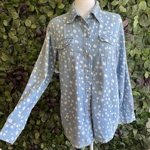 90s Keren Hart Womens Medium Light Wash Denim Shirt White Polka Dot